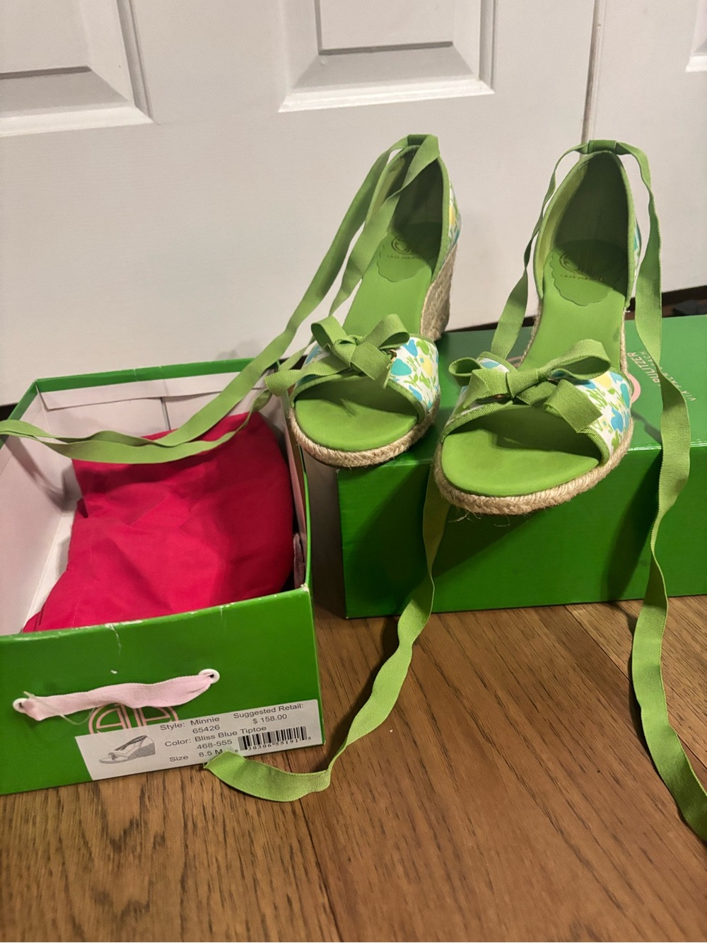 Lilly Pulitzer Women’s Lime Green Floral Espadrille Wedges with Ankle Ties